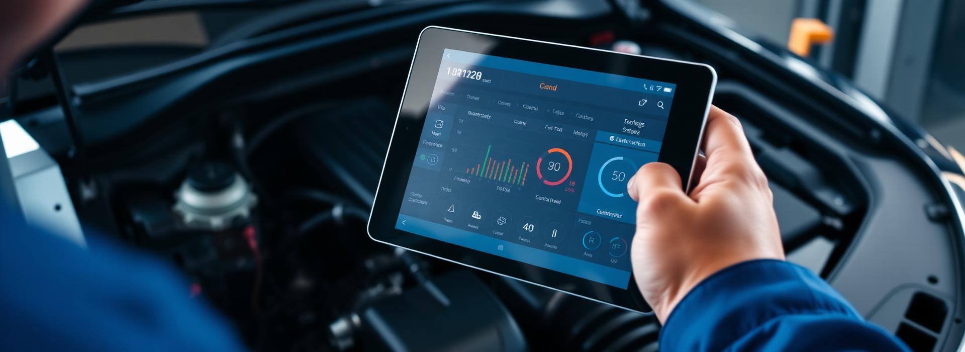 Mechanic using diagnostic tablet on car engine